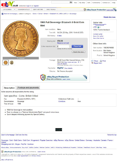 ****browneyes**** 1968 Elizabeth II Gold Sovereign eBay Auction Listing